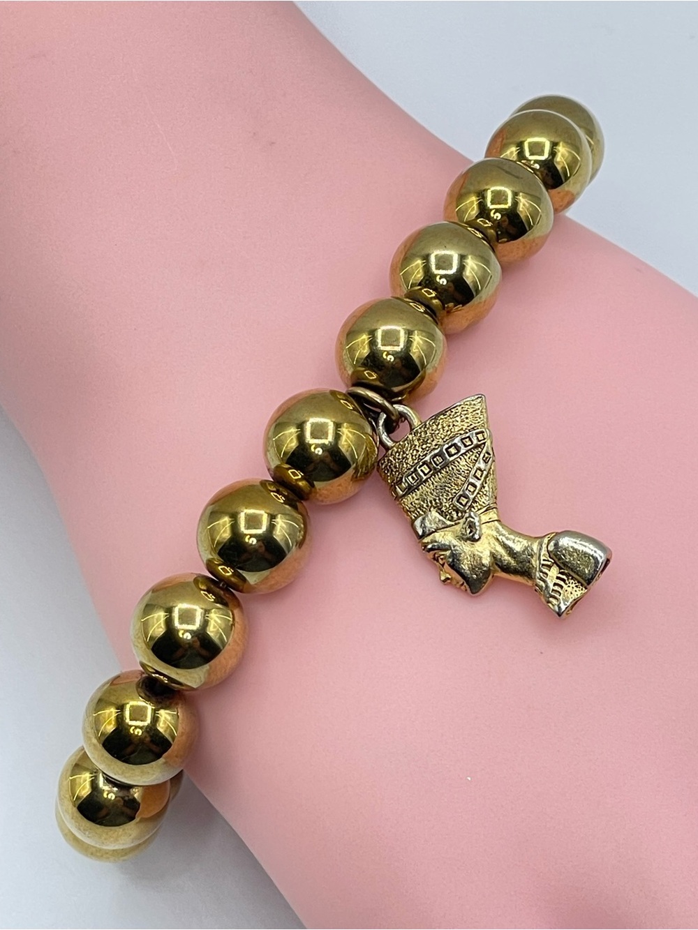 Gold Tone Nefertiti Charm Beaded Stretch Bracelet Egyptian Style